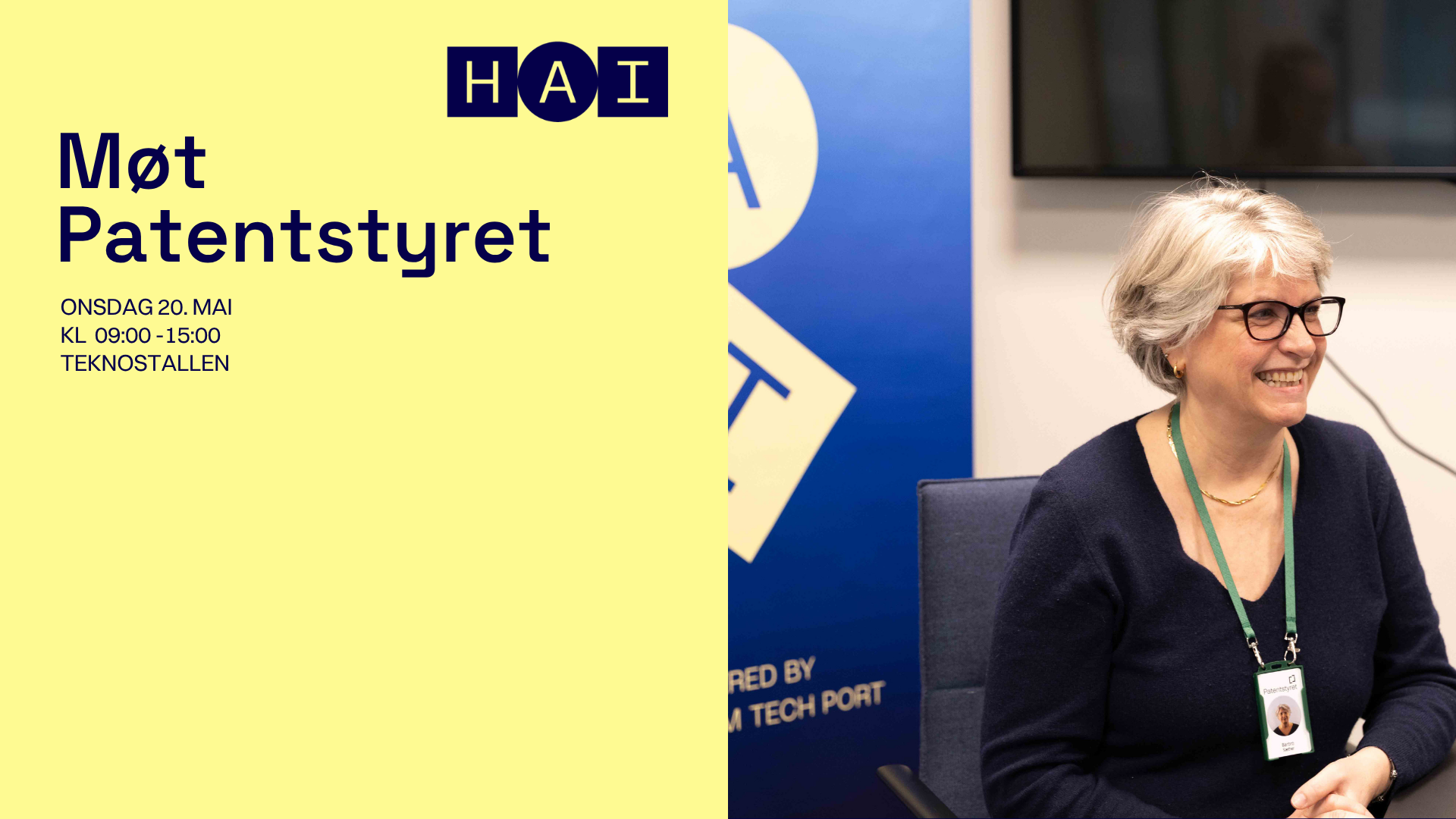 Banner for an event: left bright yellow panel with Danish text about meeting, date and location, right shows a smiling woman with glasses at a desk.