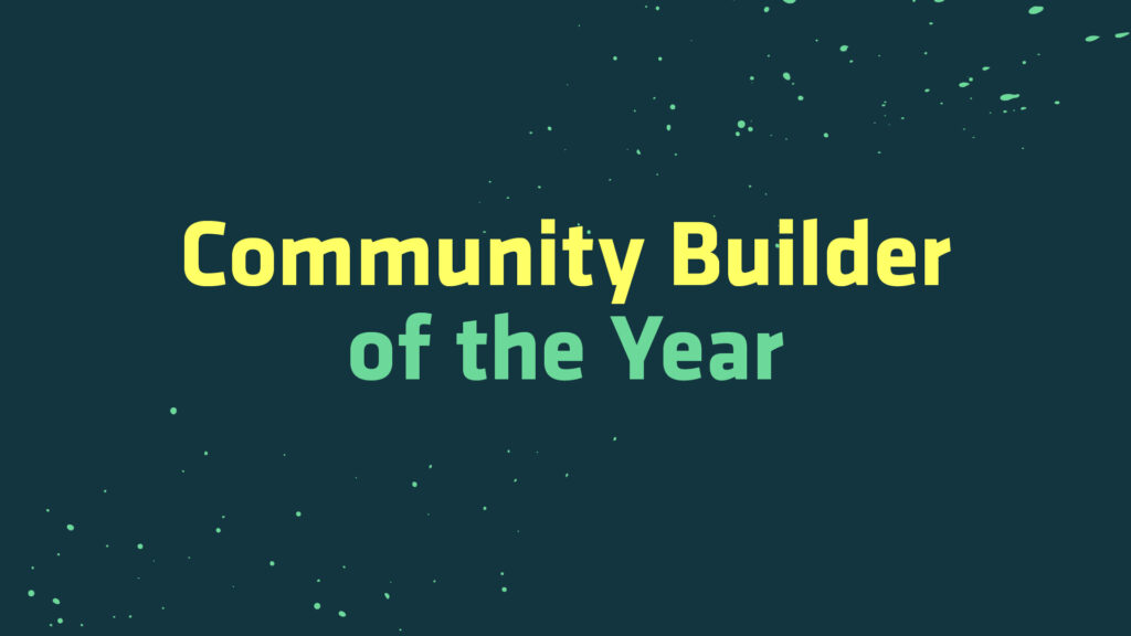 Award banner reading 'Community Builder of the Year' on a teal background with mint confetti scattered around.