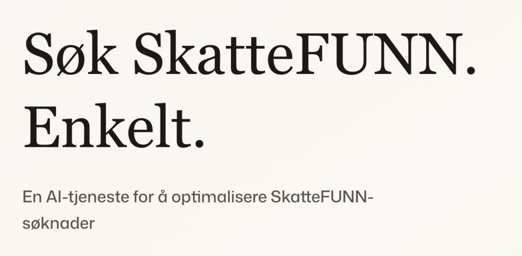 Hero banner with Norwegian headline: 'Søk SkatteFUNN. Enkel.' and subheading about an AI service to optimize SkatteFUNN applications (marketing banner).