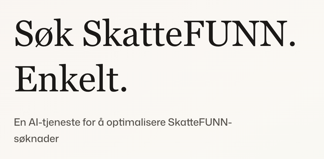 Hero banner with Norwegian headline: 'Søk SkatteFUNN. Enkel.' and subheading about an AI service to optimize SkatteFUNN applications (marketing banner).