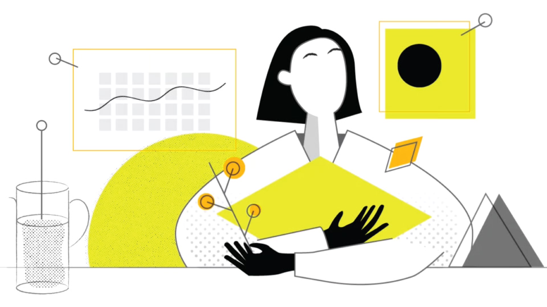 Abstract illustration of a scientist with yellow data panels and charts, symbolizing research.